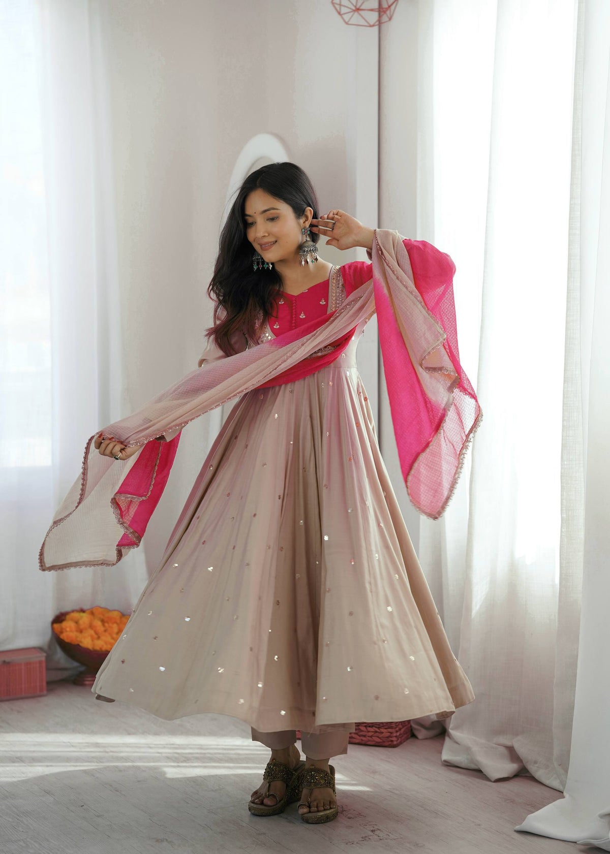 Elegant Roman Silk Anarkali Gown Set with Embroidery, Sequence & Real Mirror Work | 3.75-Meter Flair | Designer Festive Wear HE-BUY-(S)-5023
