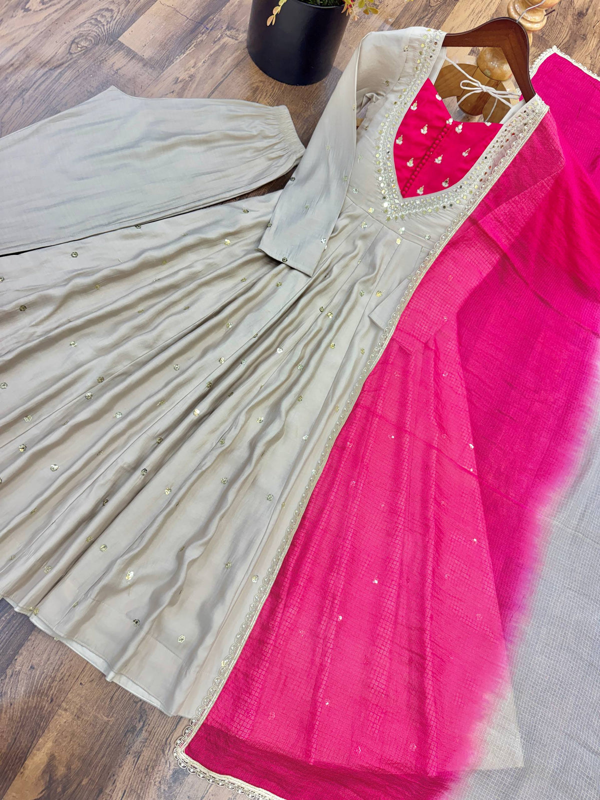 Elegant Roman Silk Anarkali Gown Set with Embroidery, Sequence & Real Mirror Work | 3.75-Meter Flair | Designer Festive Wear HE-BUY-(S)-5023