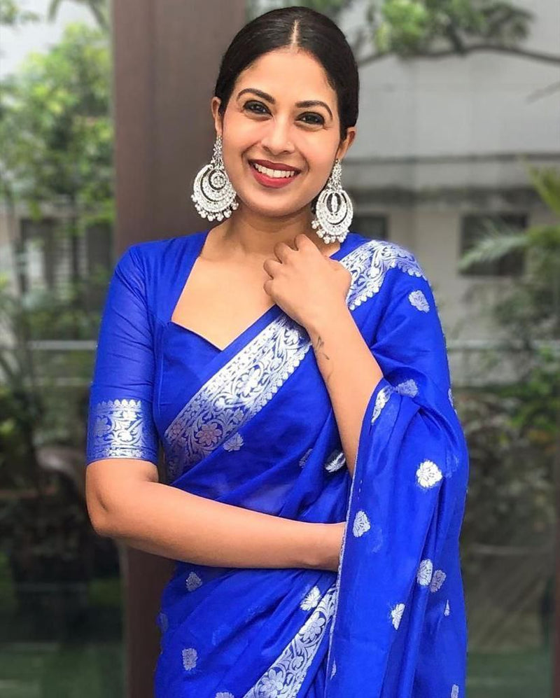 Premium Banarasi Soft Lichi Silk Saree | Rich Pallu & All-Over Jacquard Work | Exclusive Jacquard Blouse | Royal Blue