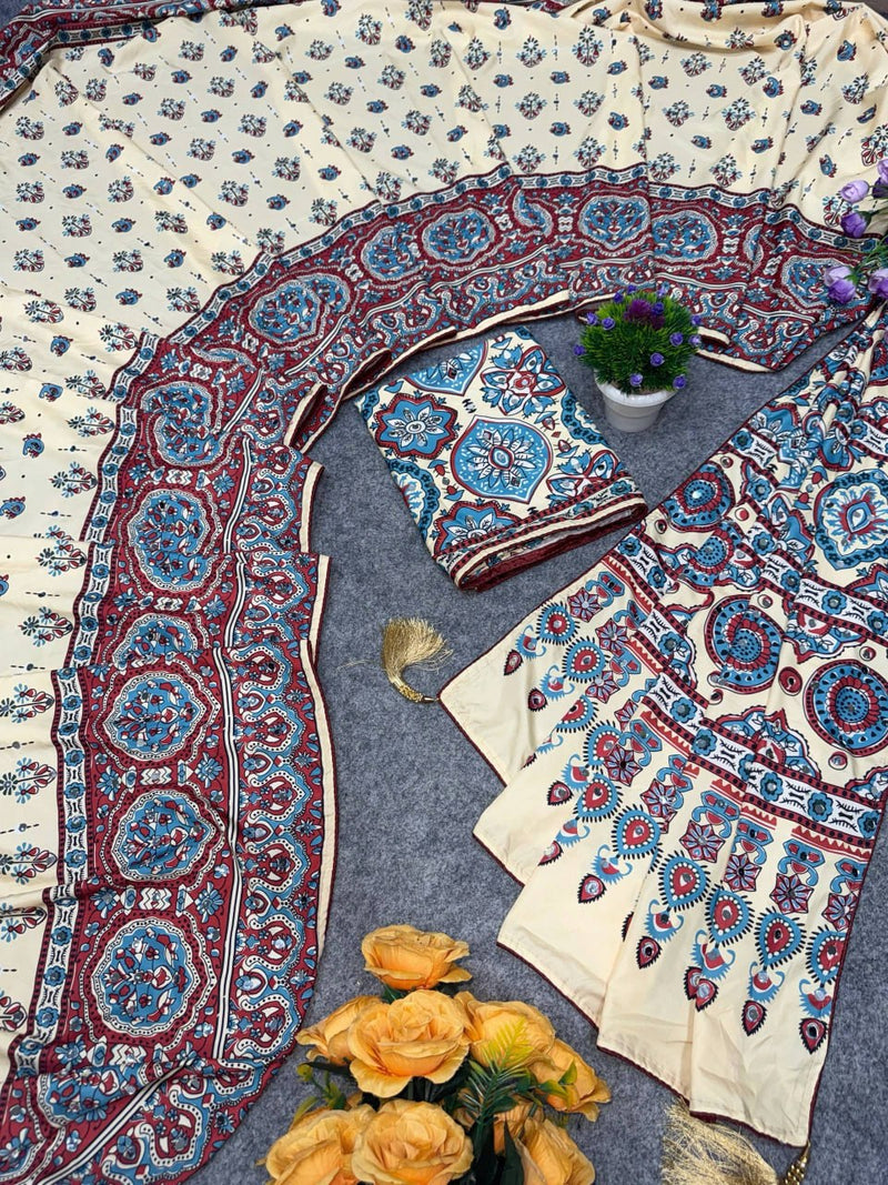 Heavy Crepe Silk Saree with Ajrakh Print & Real Mirror Work | Full Piping Border | Designer Festive Wear  HE-BUY-(Z)-0131