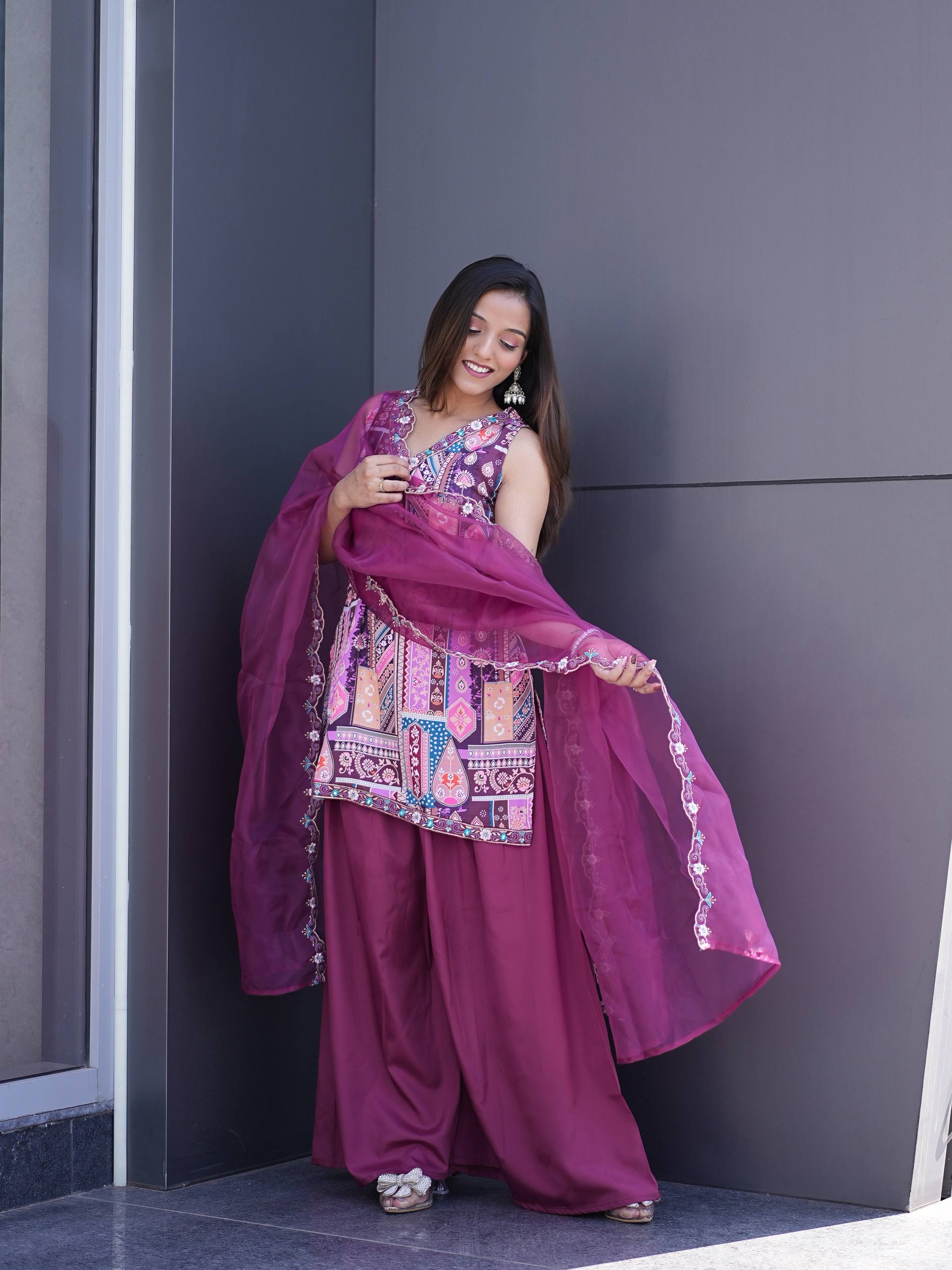 Premium Modal Satin Embroidered Kurta Pant Set with Organza Work Dupatta for Women(L)101