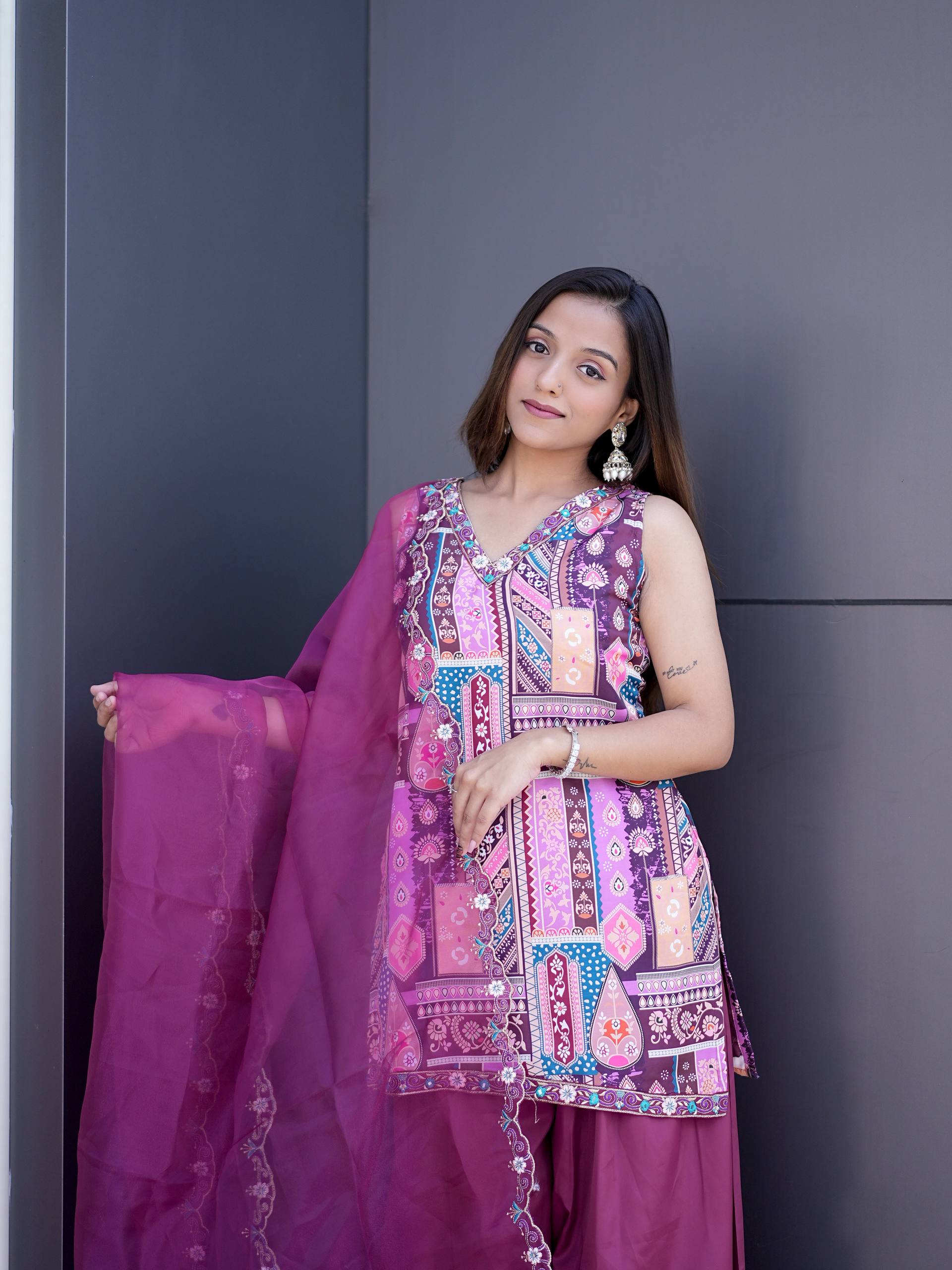 Premium Modal Satin Embroidered Kurta Pant Set with Organza Work Dupatta for Women(L)101