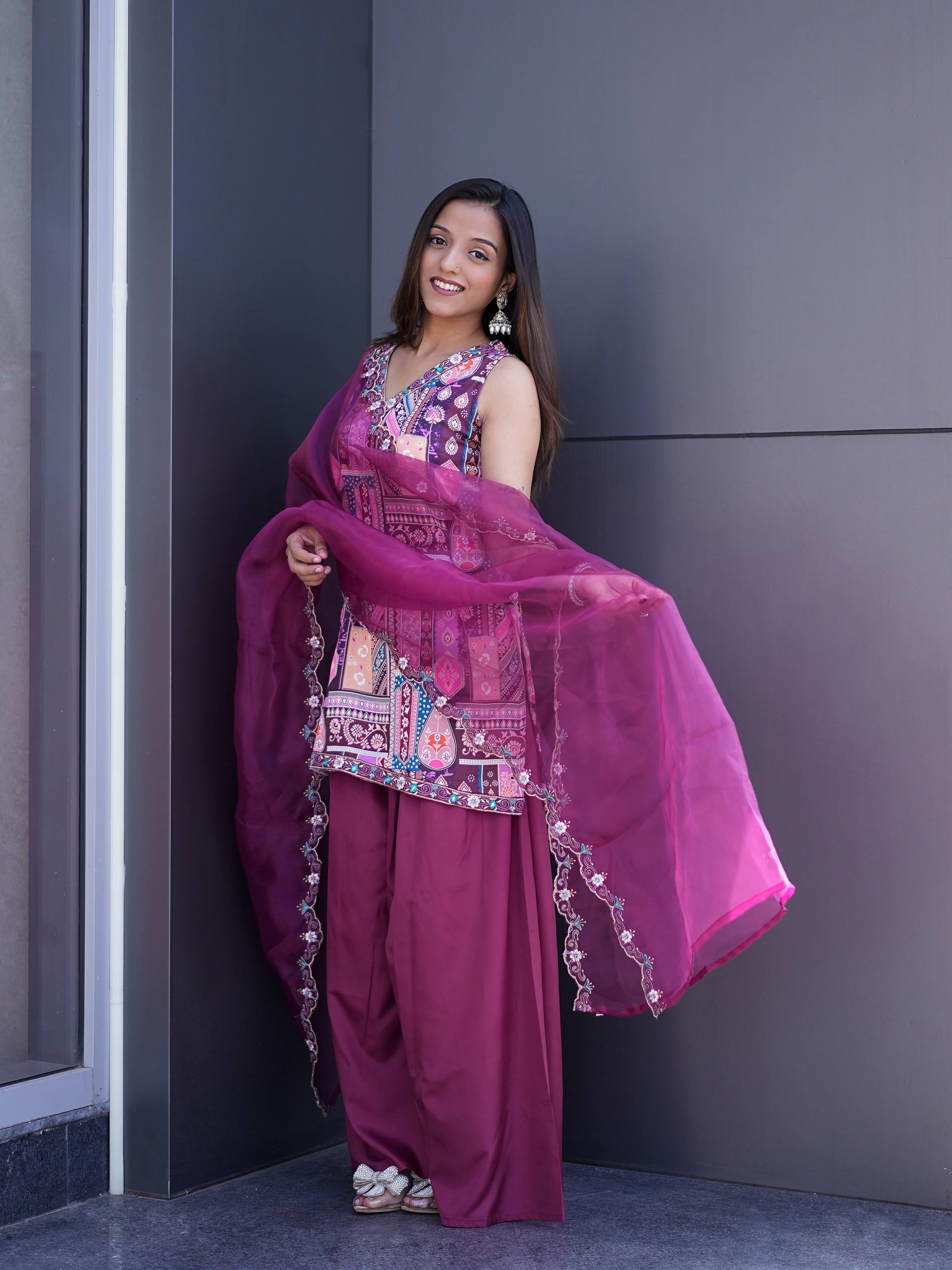 Premium Modal Satin Embroidered Kurta Pant Set with Organza Work Dupatta for Women(L)101