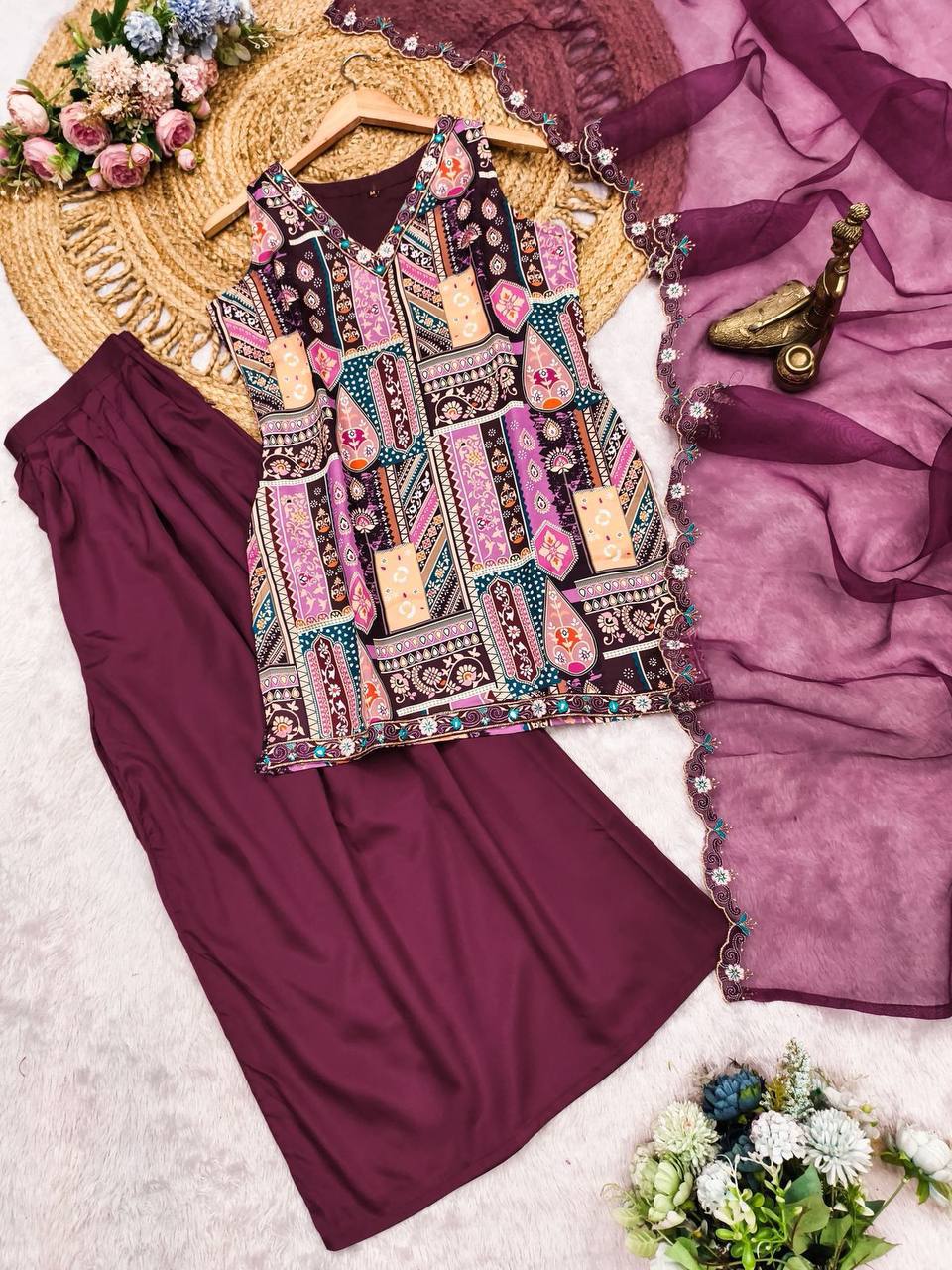 Premium Modal Satin Embroidered Kurta Pant Set with Organza Work Dupatta for Women(L)101