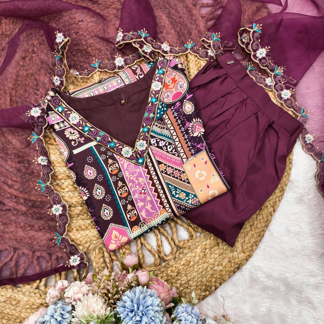 Premium Modal Satin Embroidered Kurta Pant Set with Organza Work Dupatta for Women(L)101