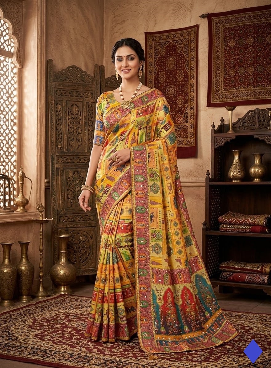 Designer Chinon Silk Printed Saree with Real Mirror Handwork, Piping Border & Latkan Tassels | Festive & Party Wear HE-BUY-(Z)-0135