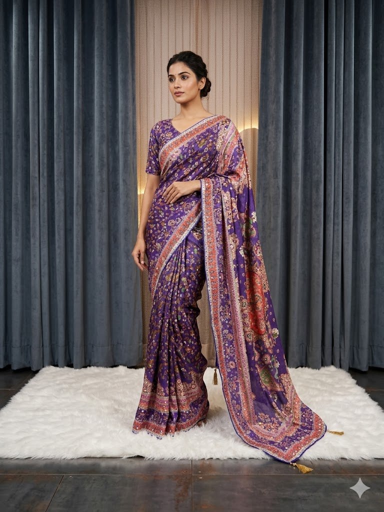 Designer Soft Chinon Silk Saree with Real Mirror Handwork, Piping Border & Latkan Tassels | Digital Print Festive Saree   HE-BUY-(Z)-0137