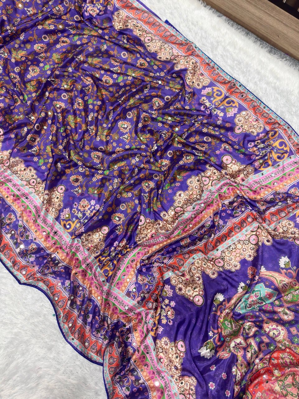 Designer Soft Chinon Silk Saree with Real Mirror Handwork, Piping Border & Latkan Tassels | Digital Print Festive Saree   HE-BUY-(Z)-0137
