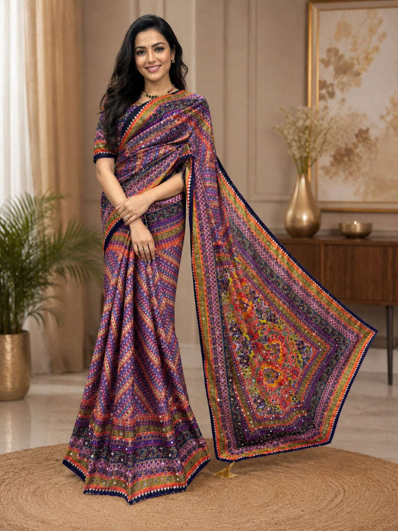 Designer Soft Chinon Silk Saree with Real Mirror Handwork, Piping Border & Latkan Tassels | Digital Print Festive Wear HE-BUY-(Z)-0139