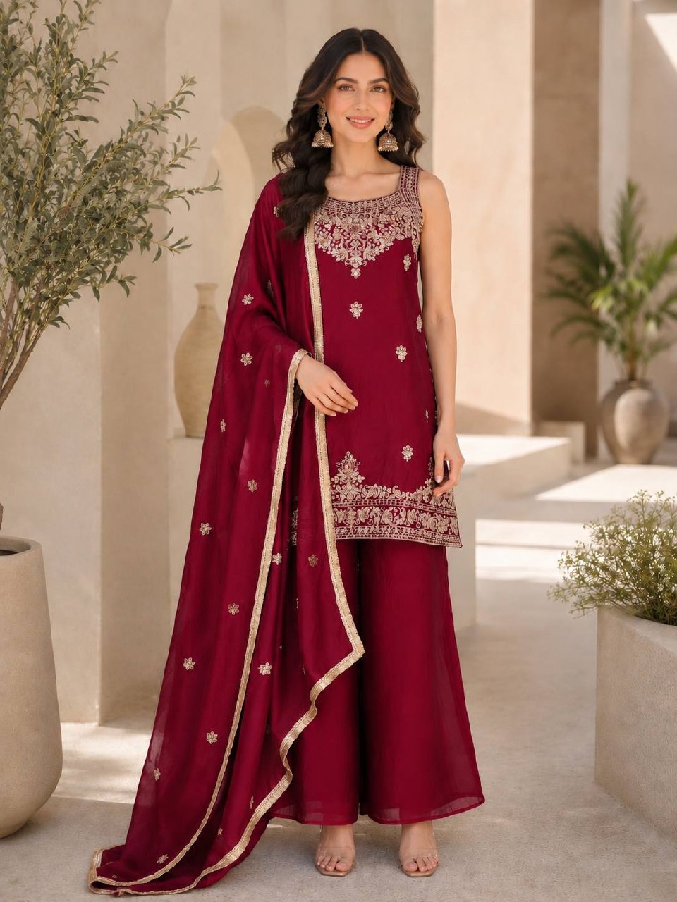 Designer Festival Special Kurti Set for Women | Premium Rangoli Crush Embroidered Kurti with Palazzo & Heavy Embroidered Dupatta | Party, Wedding & Festive Wear (L)-R-007