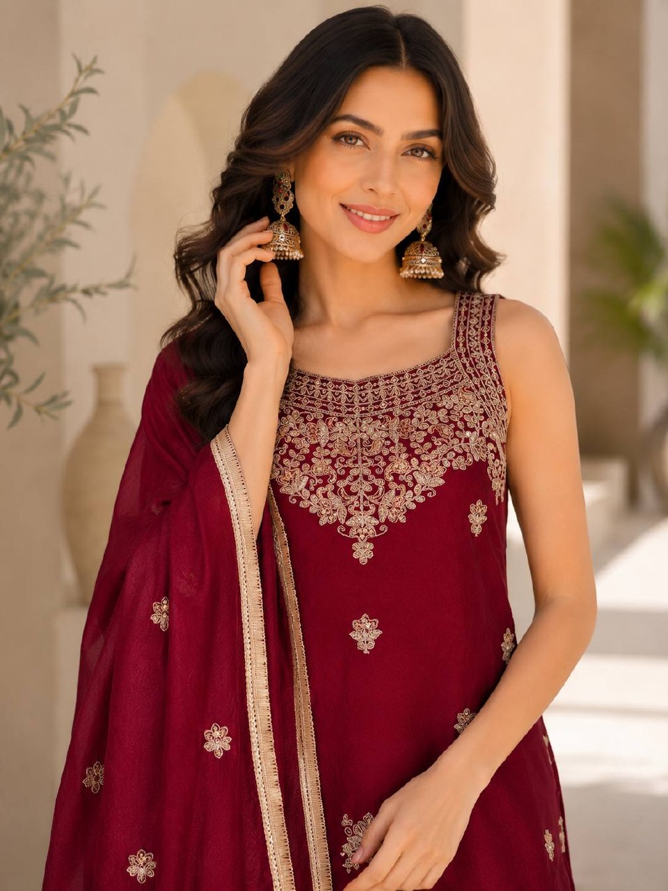 Designer Festival Special Kurti Set for Women | Premium Rangoli Crush Embroidered Kurti with Palazzo & Heavy Embroidered Dupatta | Party, Wedding & Festive Wear (L)-R-007