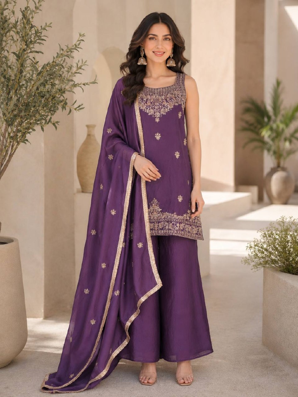 Designer Festival Special Kurti Set for Women | Premium Rangoli Crush Embroidered Kurti with Palazzo & Heavy Embroidered Dupatta | Party, Wedding & Festive Wear (L)-R-007