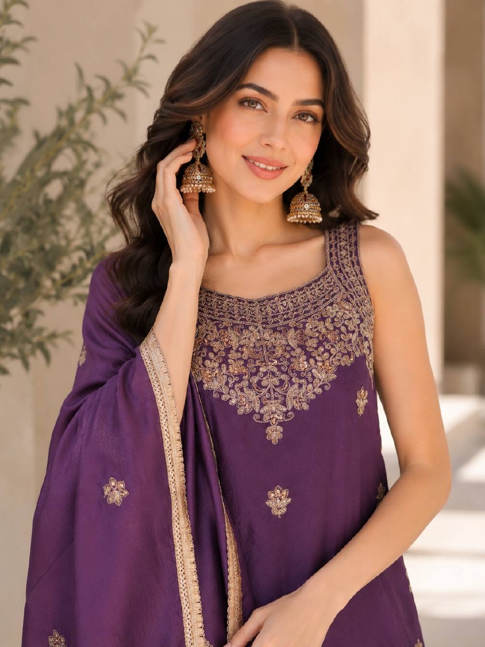 Designer Festival Special Kurti Set for Women | Premium Rangoli Crush Embroidered Kurti with Palazzo & Heavy Embroidered Dupatta | Party, Wedding & Festive Wear (L)-R-007