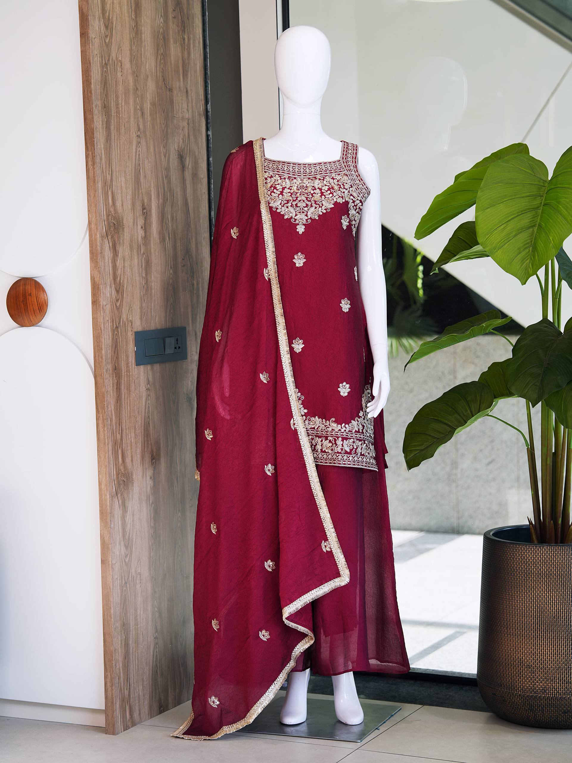 Designer Festival Special Kurti Set for Women | Premium Rangoli Crush Embroidered Kurti with Palazzo & Heavy Embroidered Dupatta | Party, Wedding & Festive Wear (L)-R-007