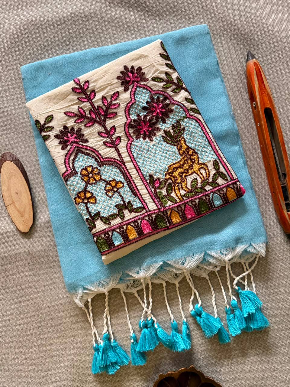 New Handloom Khadi Cotton Saree with Stretchable Ajrak Print Blouse | Elegant Ethnic Wear HE-BUY-(X)-1306-02