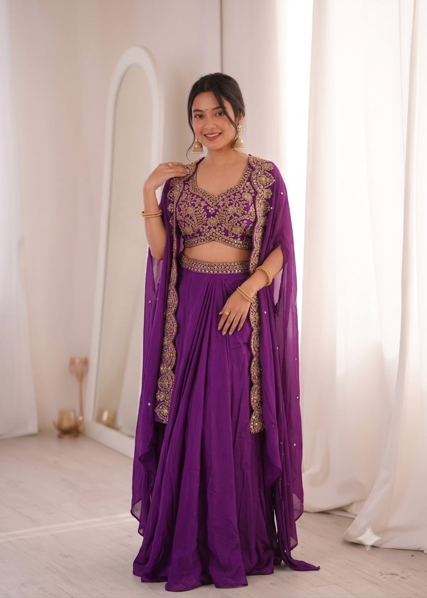 New Trending Party Wear Shrug with Sarara & Blouse | Natural Crepe | Embroidered Designer Set | Premium Festive WearNew Trending Party Wear Shrug with Sarara & Blouse | Natural Crepe | Embroidered Designer Set | Premium Festive Wear HE-BUY-(M)-277