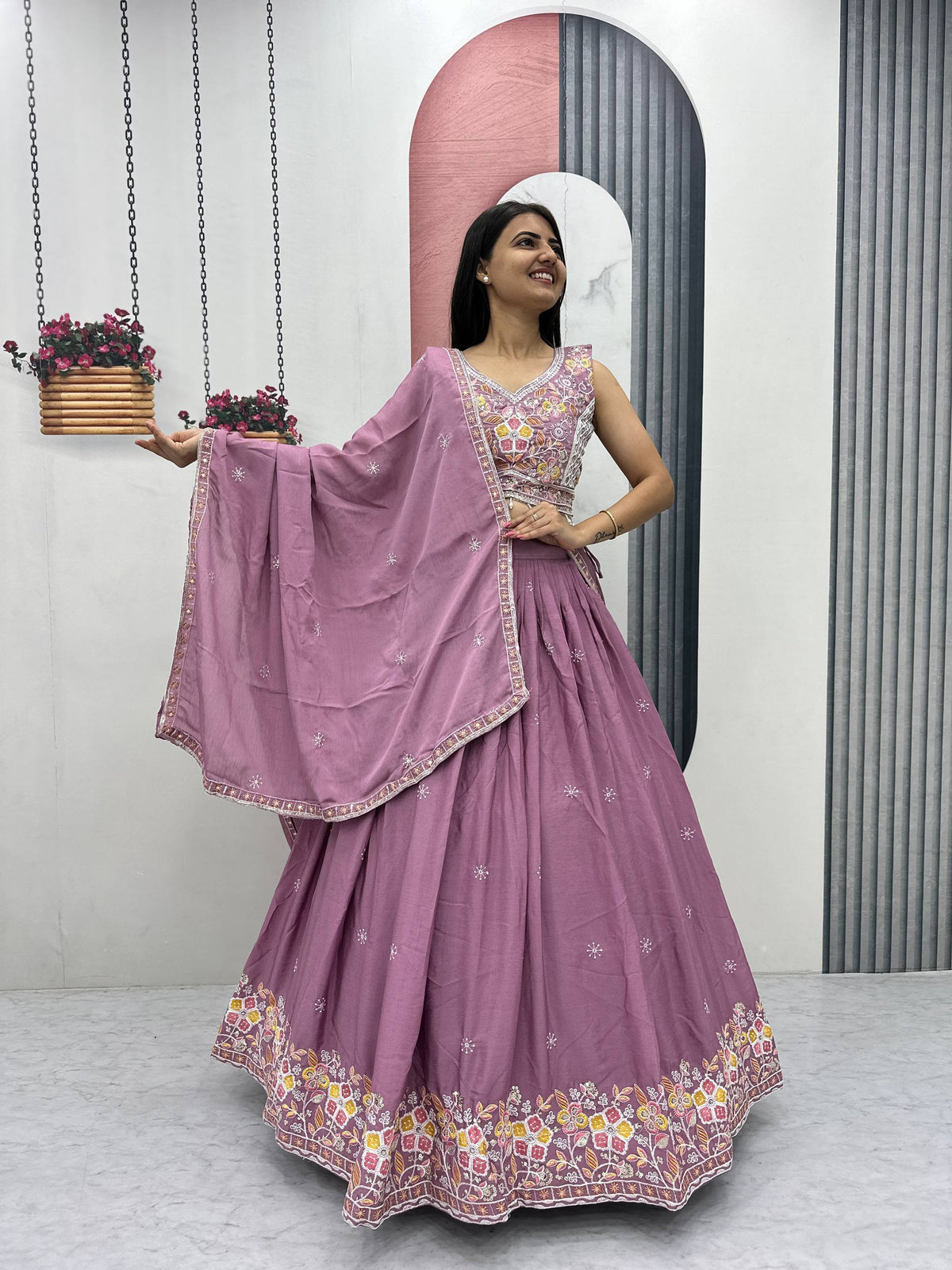 Wedding Wear Chinon Lehenga Choli with Dupatta | Heavy Thread & Sequence Work | 3.50 Meter Flair | Fully Stitched Festive Wear  HE-BUY-(B)-606
