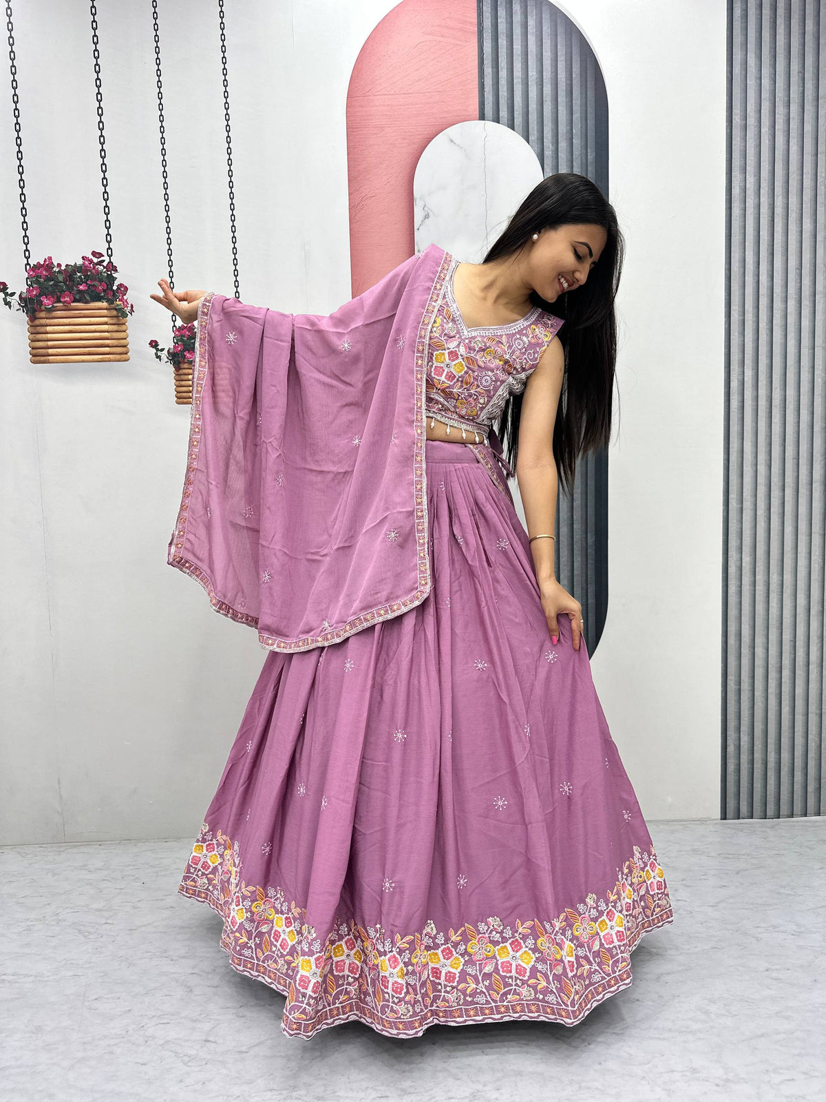 Wedding Wear Chinon Lehenga Choli with Dupatta | Heavy Thread & Sequence Work | 3.50 Meter Flair | Fully Stitched Festive Wear  HE-BUY-(B)-606