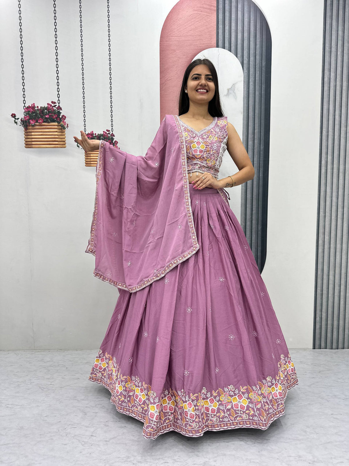 Wedding Wear Chinon Lehenga Choli with Dupatta | Heavy Thread & Sequence Work | 3.50 Meter Flair | Fully Stitched Festive Wear  HE-BUY-(B)-606