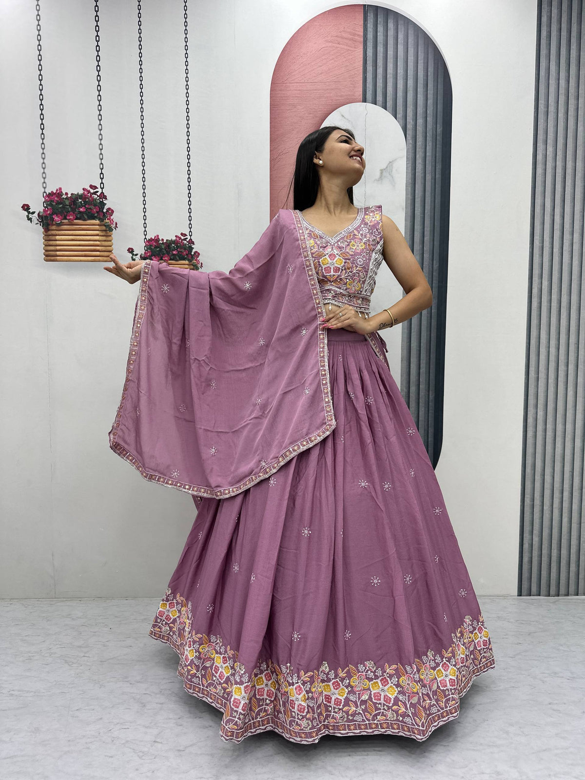 Wedding Wear Chinon Lehenga Choli with Dupatta | Heavy Thread & Sequence Work | 3.50 Meter Flair | Fully Stitched Festive Wear  HE-BUY-(B)-606