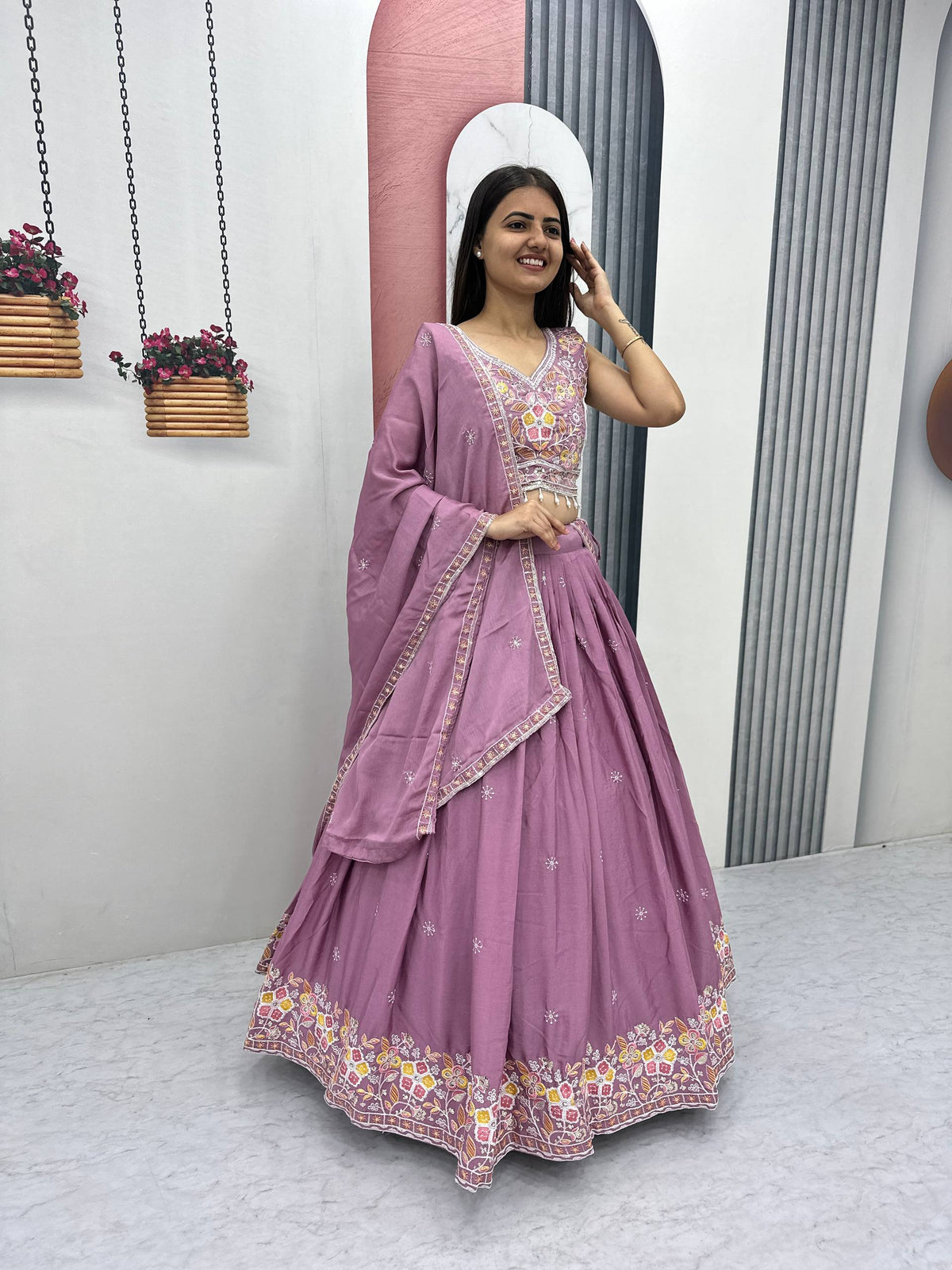 Wedding Wear Chinon Lehenga Choli with Dupatta | Heavy Thread & Sequence Work | 3.50 Meter Flair | Fully Stitched Festive Wear  HE-BUY-(B)-606