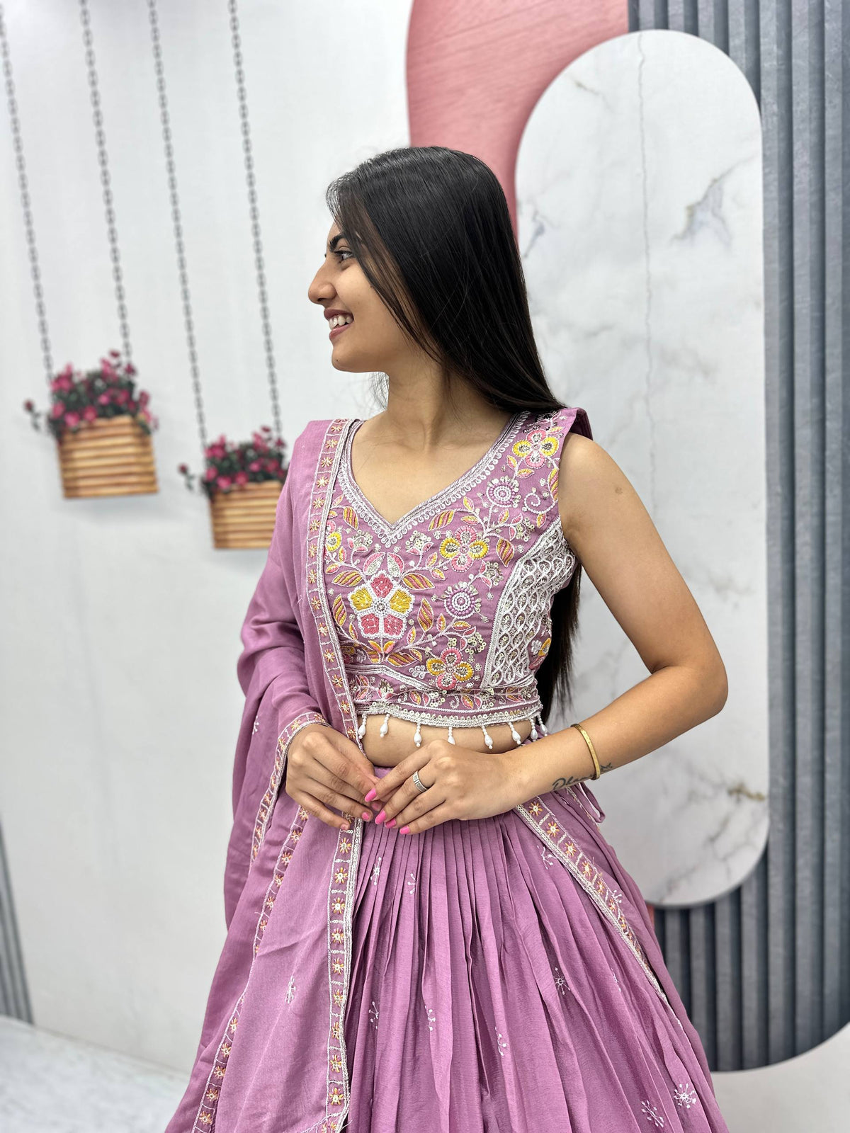 Wedding Wear Chinon Lehenga Choli with Dupatta | Heavy Thread & Sequence Work | 3.50 Meter Flair | Fully Stitched Festive Wear  HE-BUY-(B)-606