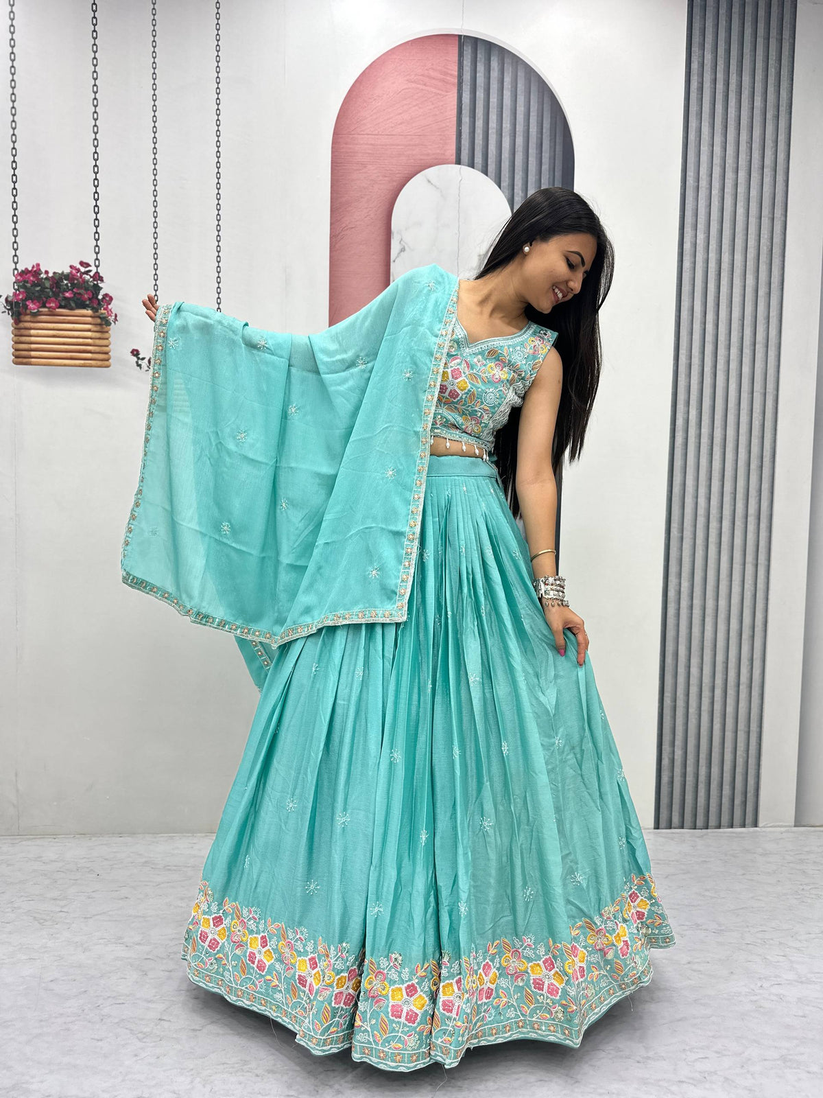 Wedding Wear Chinon Lehenga Choli with Dupatta | Heavy Thread & Sequence Work | 3.50 Meter Flair | Fully Stitched Festive Wear  HE-BUY-(B)-606