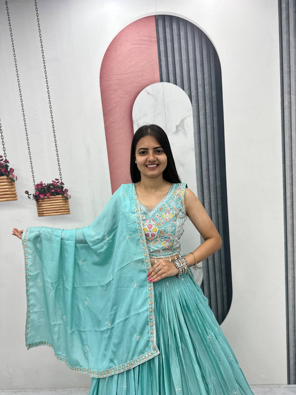 Wedding Wear Chinon Lehenga Choli with Dupatta | Heavy Thread & Sequence Work | 3.50 Meter Flair | Fully Stitched Festive Wear  HE-BUY-(B)-606