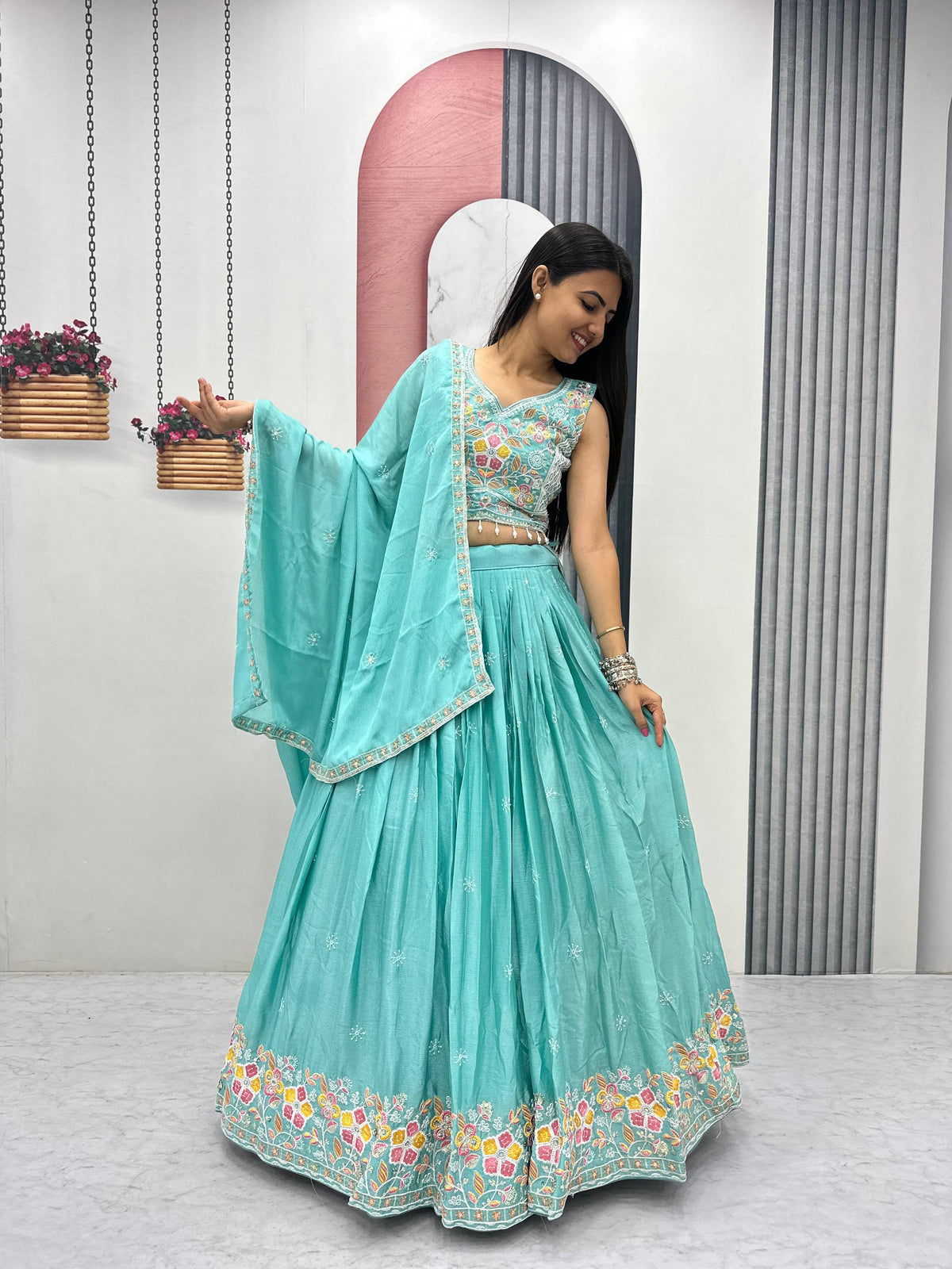Wedding Wear Chinon Lehenga Choli with Dupatta | Heavy Thread & Sequence Work | 3.50 Meter Flair | Fully Stitched Festive Wear  HE-BUY-(B)-606
