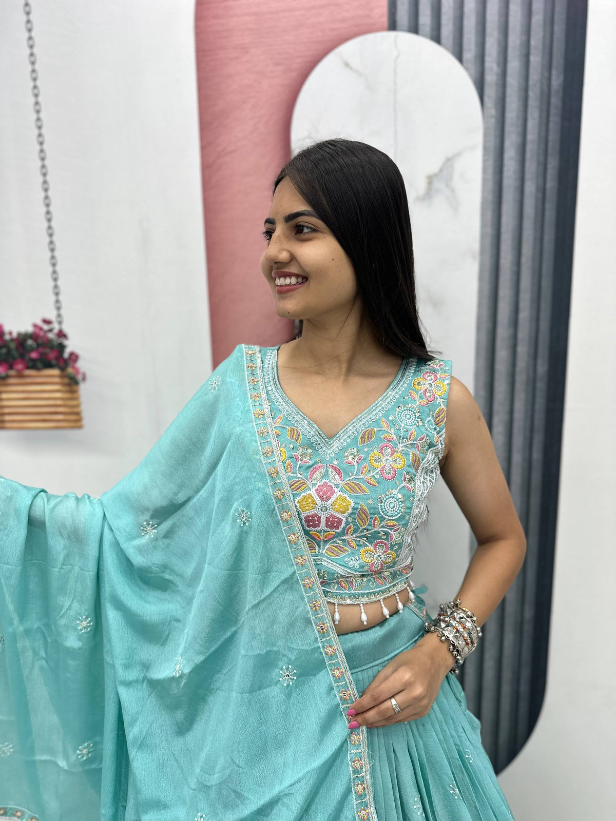 Wedding Wear Chinon Lehenga Choli with Dupatta | Heavy Thread & Sequence Work | 3.50 Meter Flair | Fully Stitched Festive Wear  HE-BUY-(B)-606