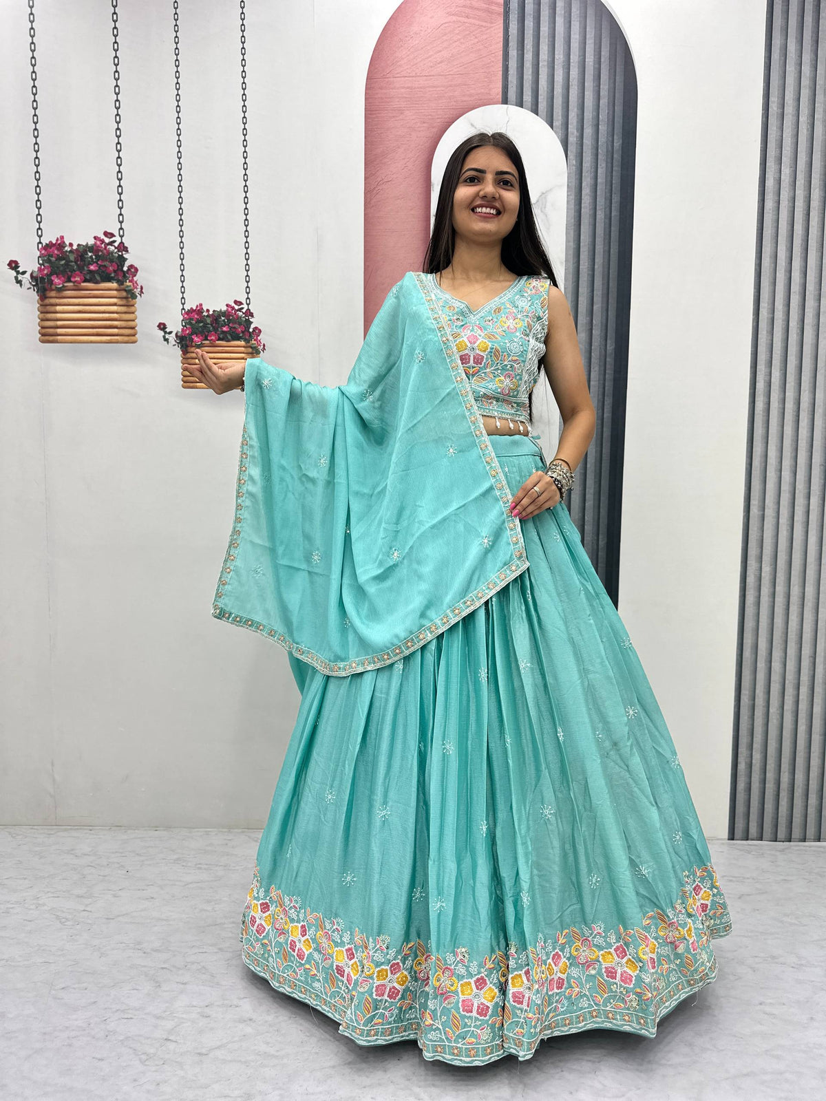 Wedding Wear Chinon Lehenga Choli with Dupatta | Heavy Thread & Sequence Work | 3.50 Meter Flair | Fully Stitched Festive Wear  HE-BUY-(B)-606