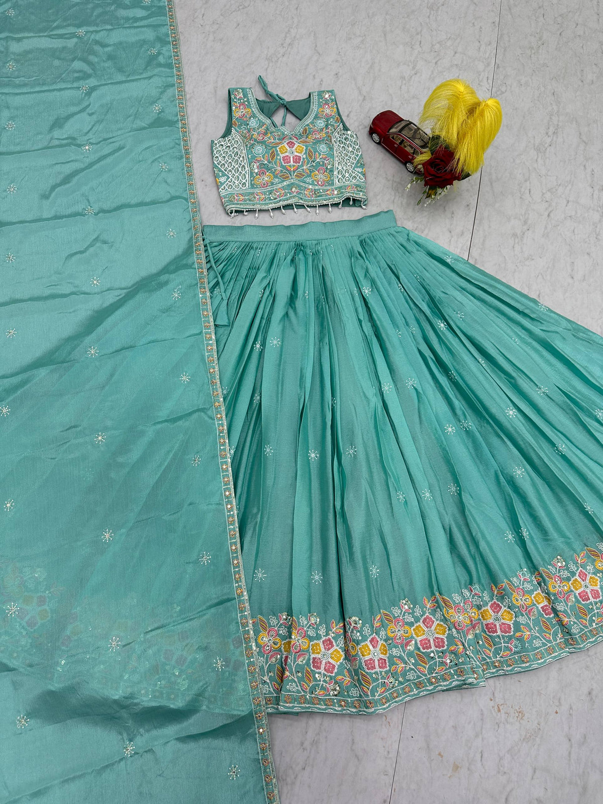 Wedding Wear Chinon Lehenga Choli with Dupatta | Heavy Thread & Sequence Work | 3.50 Meter Flair | Fully Stitched Festive Wear  HE-BUY-(B)-606