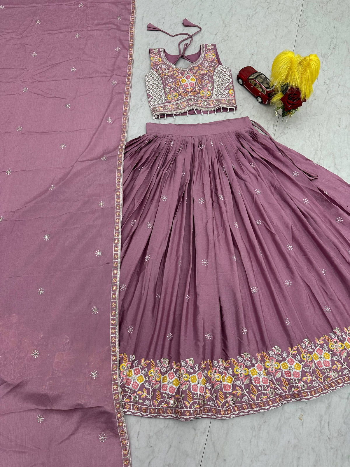 Wedding Wear Chinon Lehenga Choli with Dupatta | Heavy Thread & Sequence Work | 3.50 Meter Flair | Fully Stitched Festive Wear  HE-BUY-(B)-606