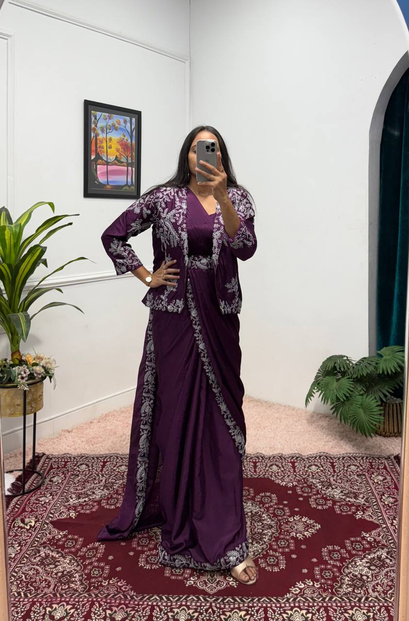 Premium Chinon Indo-Western Ready-to-Wear Saree with Embroidered Koti & Waist Belt | Designer Wedding, Party & Festive Wear Collection HE-BUY-(D)-1090