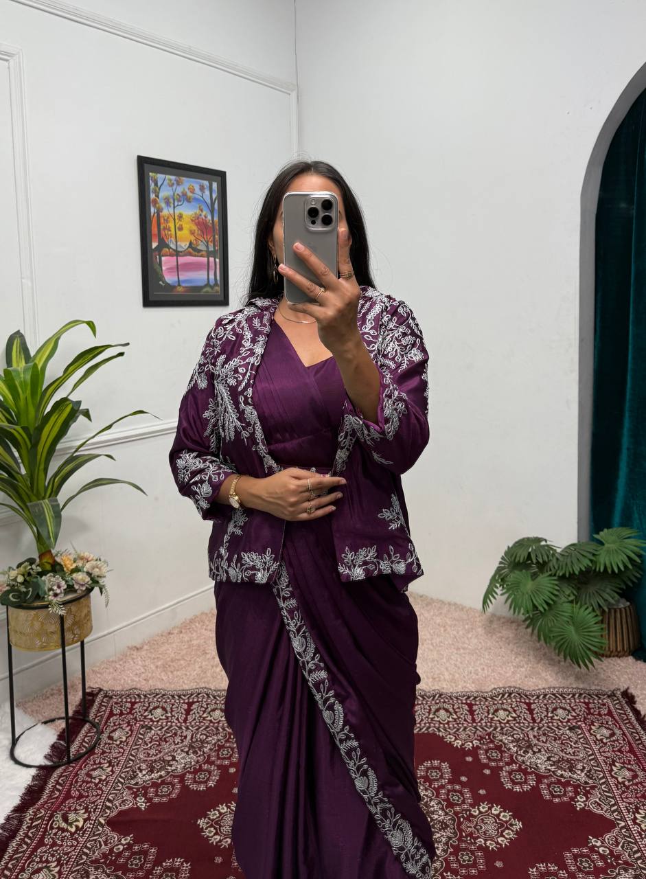 Premium Chinon Indo-Western Ready-to-Wear Saree with Embroidered Koti & Waist Belt | Designer Wedding, Party & Festive Wear Collection HE-BUY-(D)-1090