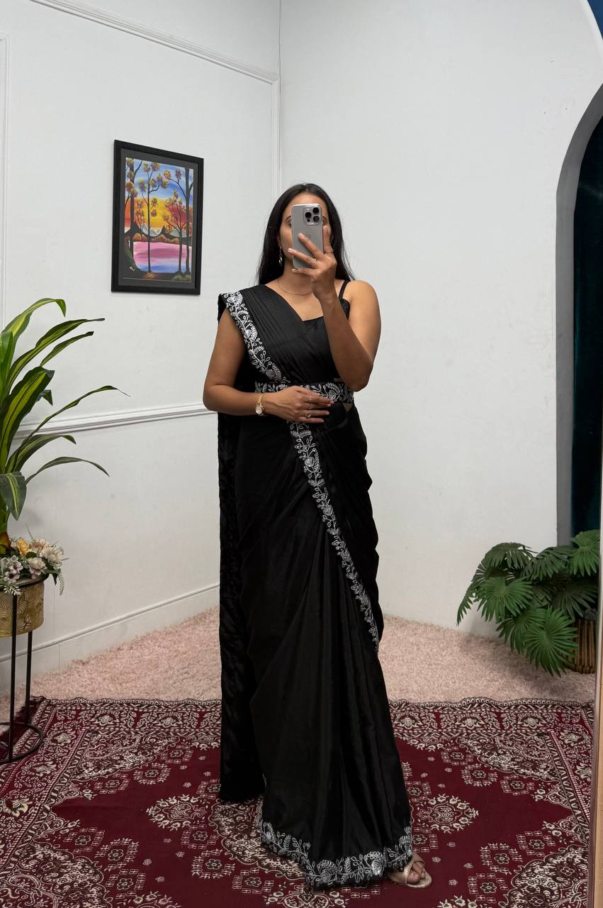 Premium Chinon Indo-Western Ready-to-Wear Saree with Embroidered Koti & Waist Belt | Designer Wedding, Party & Festive Wear Collection HE-BUY-(D)-1090