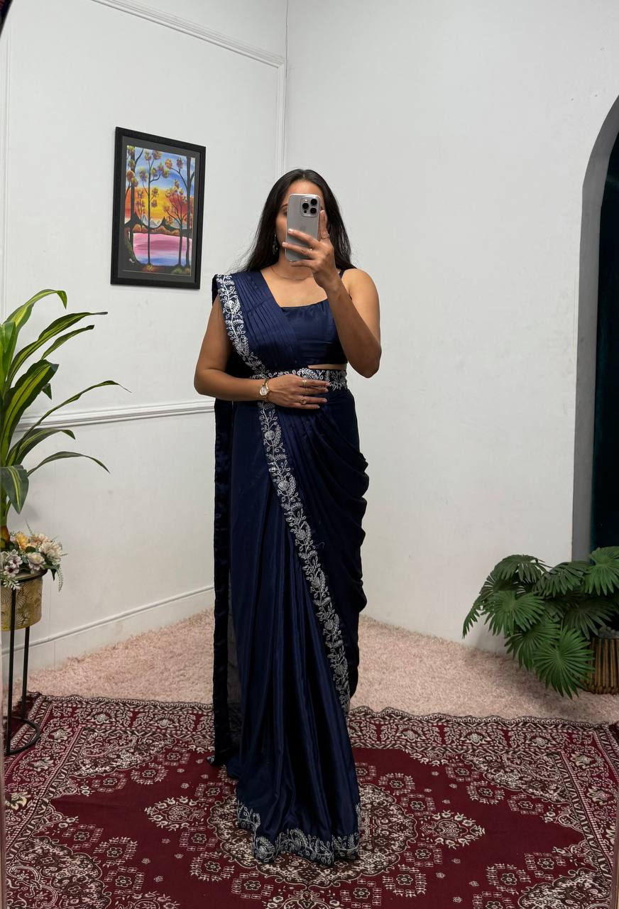 Premium Chinon Indo-Western Ready-to-Wear Saree with Embroidered Koti & Waist Belt | Designer Wedding, Party & Festive Wear Collection HE-BUY-(D)-1090