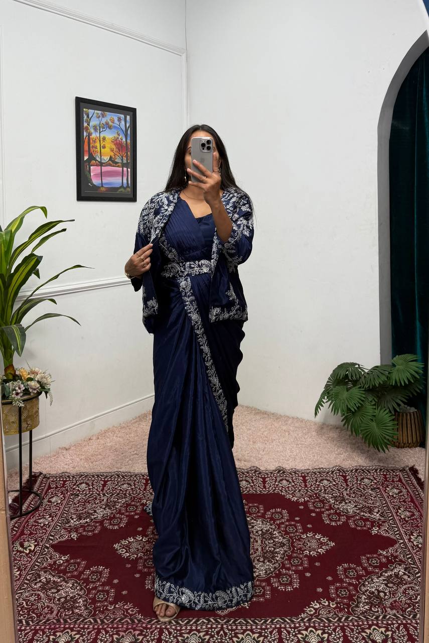 Premium Chinon Indo-Western Ready-to-Wear Saree with Embroidered Koti & Waist Belt | Designer Wedding, Party & Festive Wear Collection HE-BUY-(D)-1090
