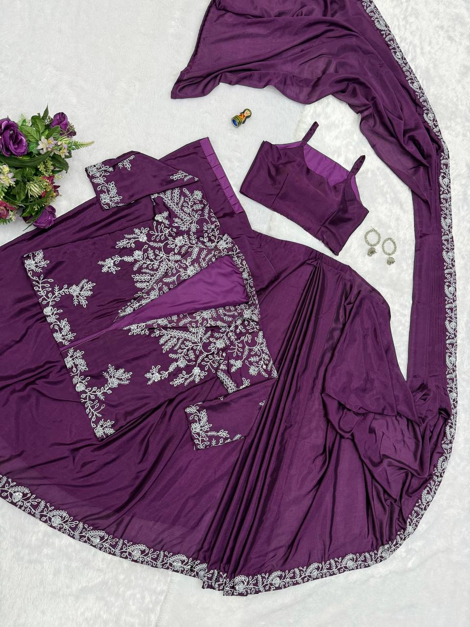 Premium Chinon Indo-Western Ready-to-Wear Saree with Embroidered Koti & Waist Belt | Designer Wedding, Party & Festive Wear Collection HE-BUY-(D)-1090