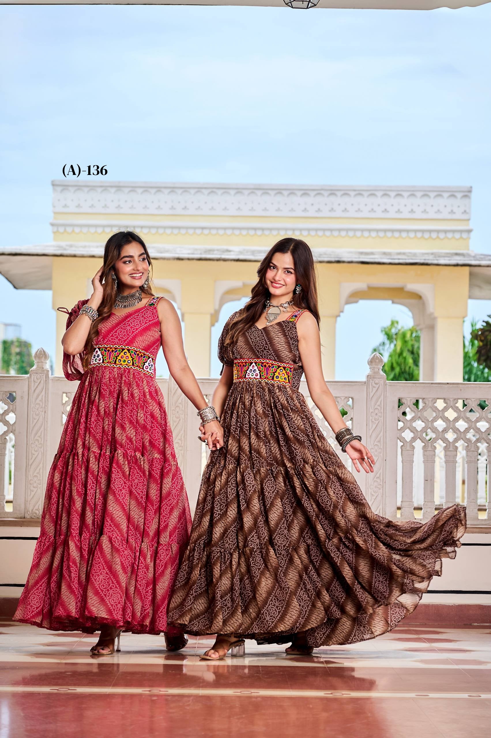 Navratri Special Bandhani Print Faux Georgette Gown with Gamathi Work and Real Mirror - Fully Stitched
