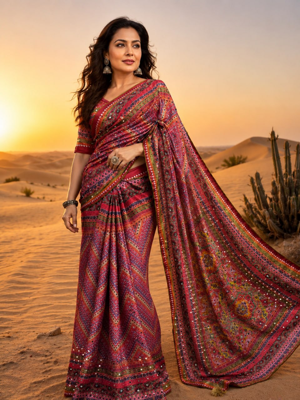 Designer Soft Chinon Silk Saree with Real Mirror Handwork, Piping Border & Latkan Tassels | Digital Print Festive Wear HE-BUY-(Z)-0139