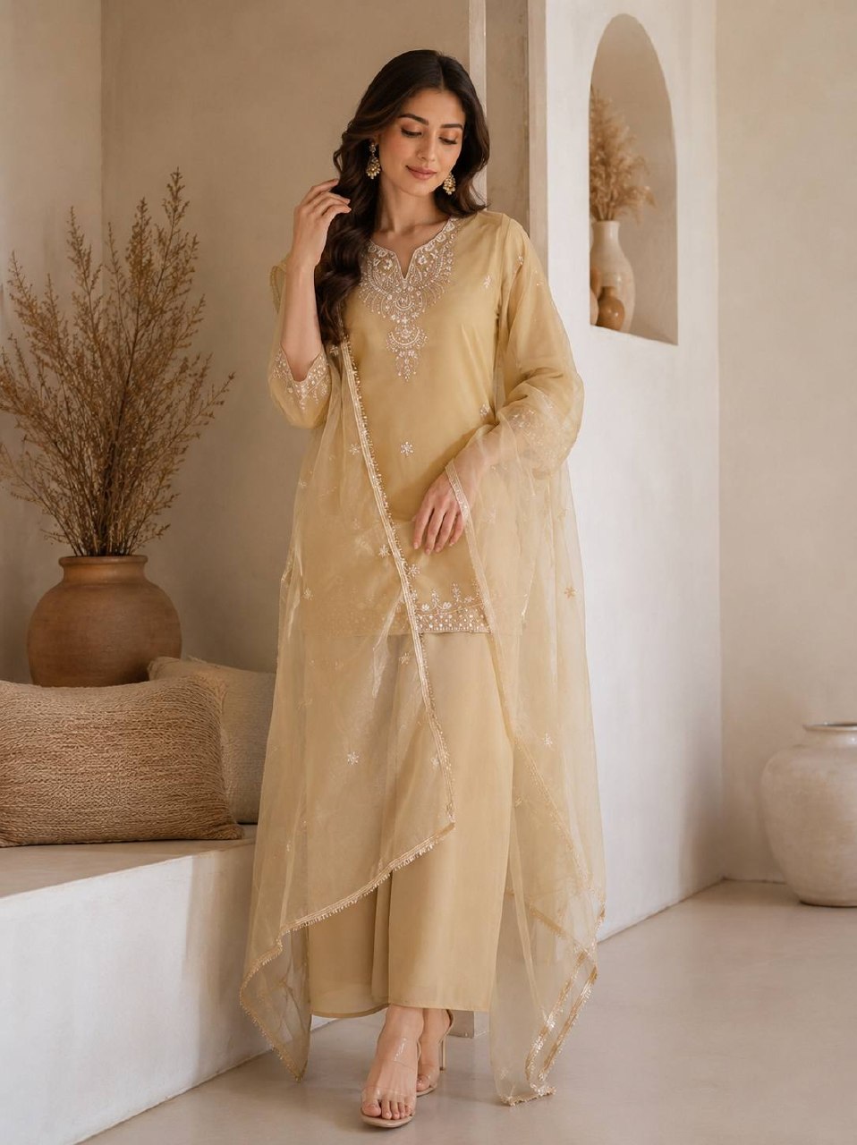 Designer Cosmos Kurti Set for Women | Premium Sequence Work Kurti with Palazzo & Organza Dupatta | Festival, Party & Wedding Wear Collection