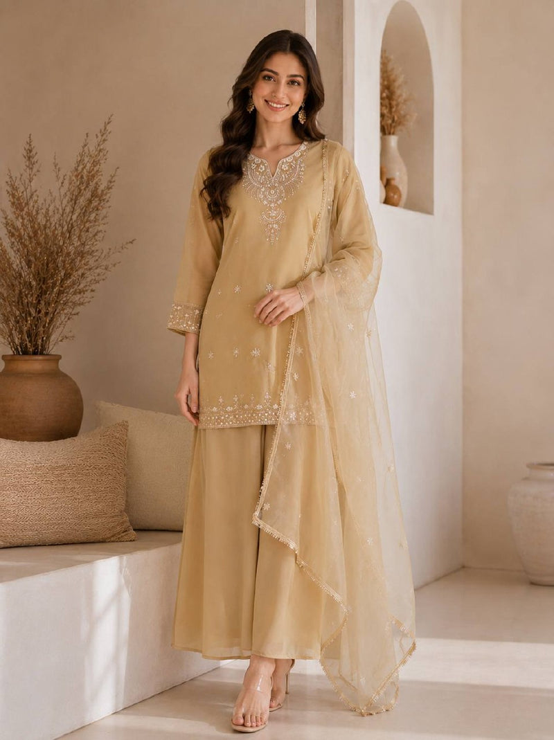 Designer Cosmos Kurti Set for Women | Premium Sequence Work Kurti with Palazzo & Organza Dupatta | Festival, Party & Wedding Wear Collection