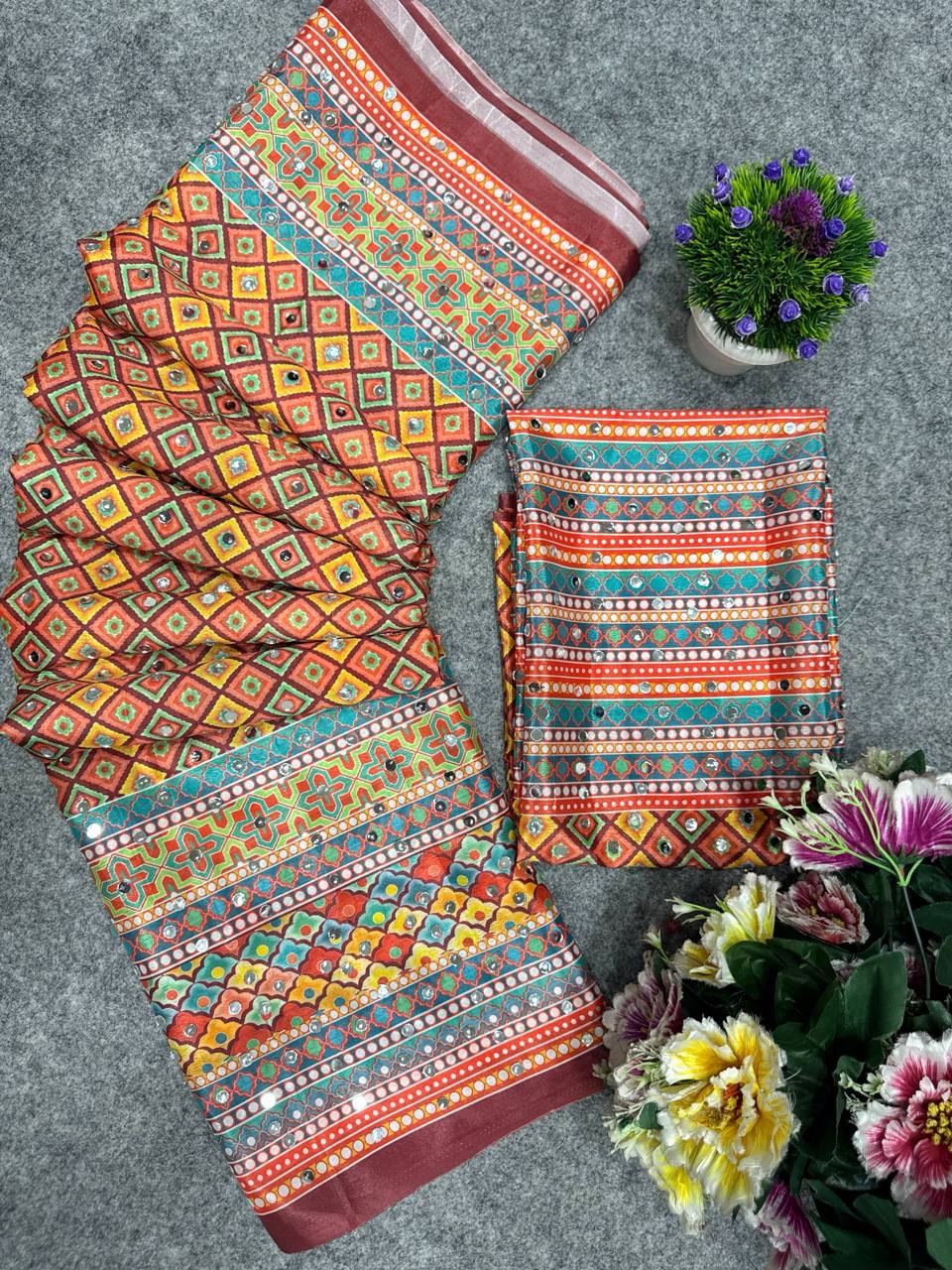 New Soft Chinon Silk Digital Print Saree with Real Mirror Handwork | Designer Blouse | Premium Festive Collection
