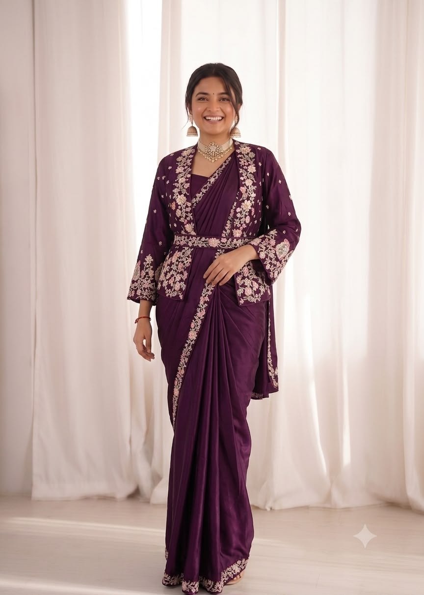 New Trending Party Wear Jacket Saree | Heavy Crepe Satin | Embroidery Work | Ready-to-Wear Designer Saree  HE-BUY-(M)-278