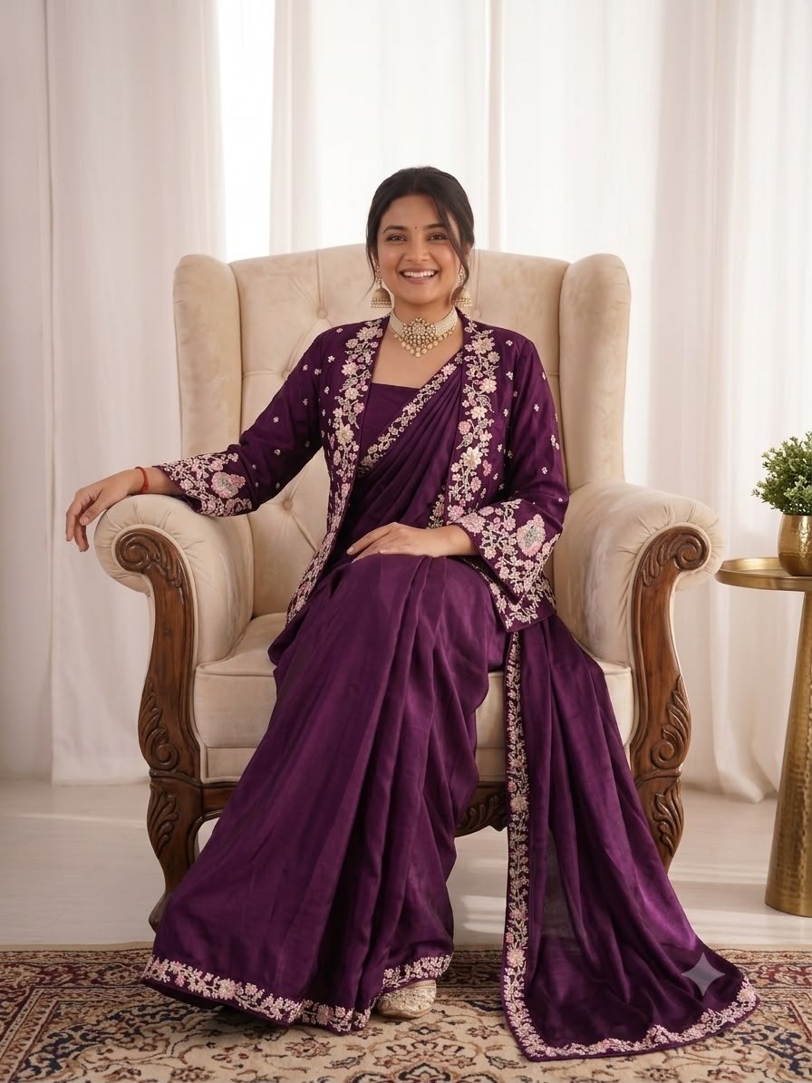 New Trending Party Wear Jacket Saree | Heavy Crepe Satin | Embroidery Work | Ready-to-Wear Designer Saree  HE-BUY-(M)-278
