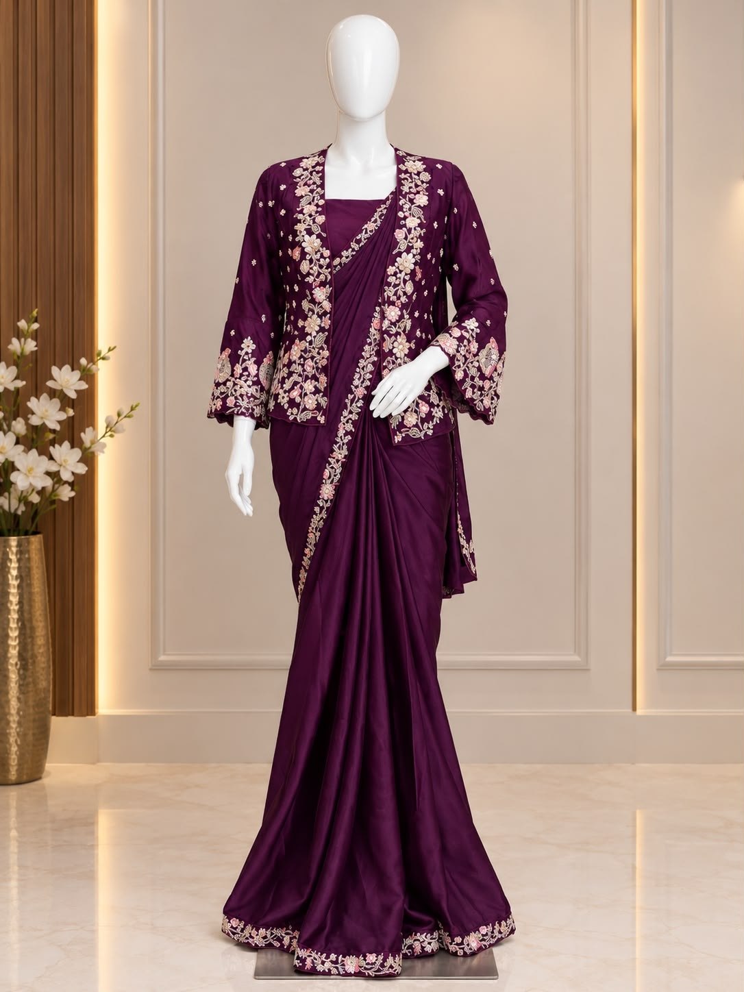 New Trending Party Wear Jacket Saree | Heavy Crepe Satin | Embroidery Work | Ready-to-Wear Designer Saree  HE-BUY-(M)-278