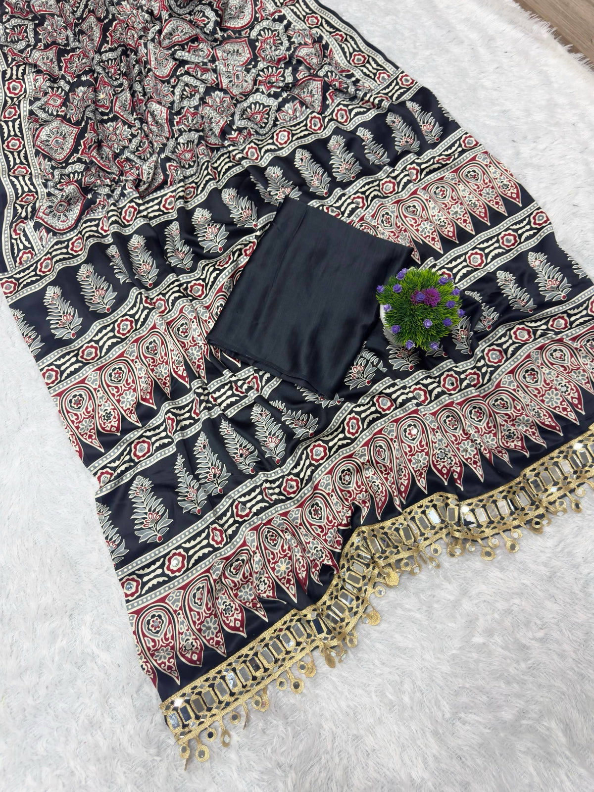 Super Hit Ajrakh Saree | Pure Ajrakh Satin Viscose Silk with Designer Print, Real Mirror Work & Designer Blouse