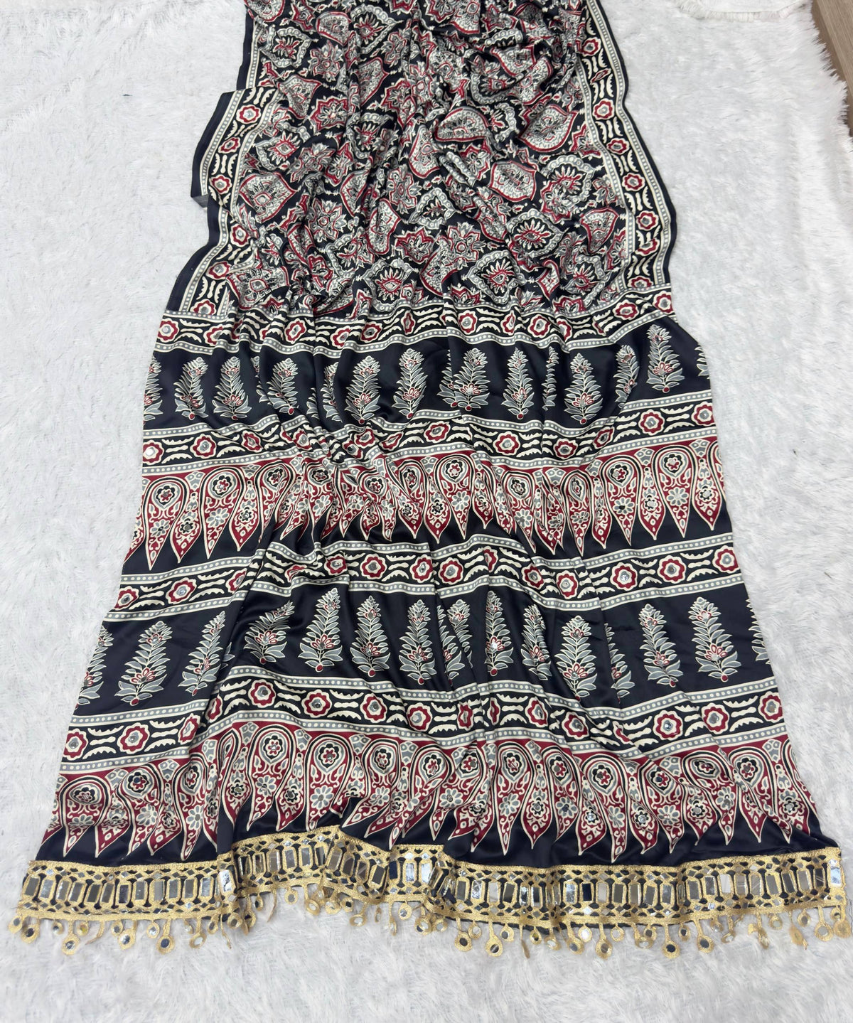 Super Hit Ajrakh Saree | Pure Ajrakh Satin Viscose Silk with Designer Print, Real Mirror Work & Designer Blouse