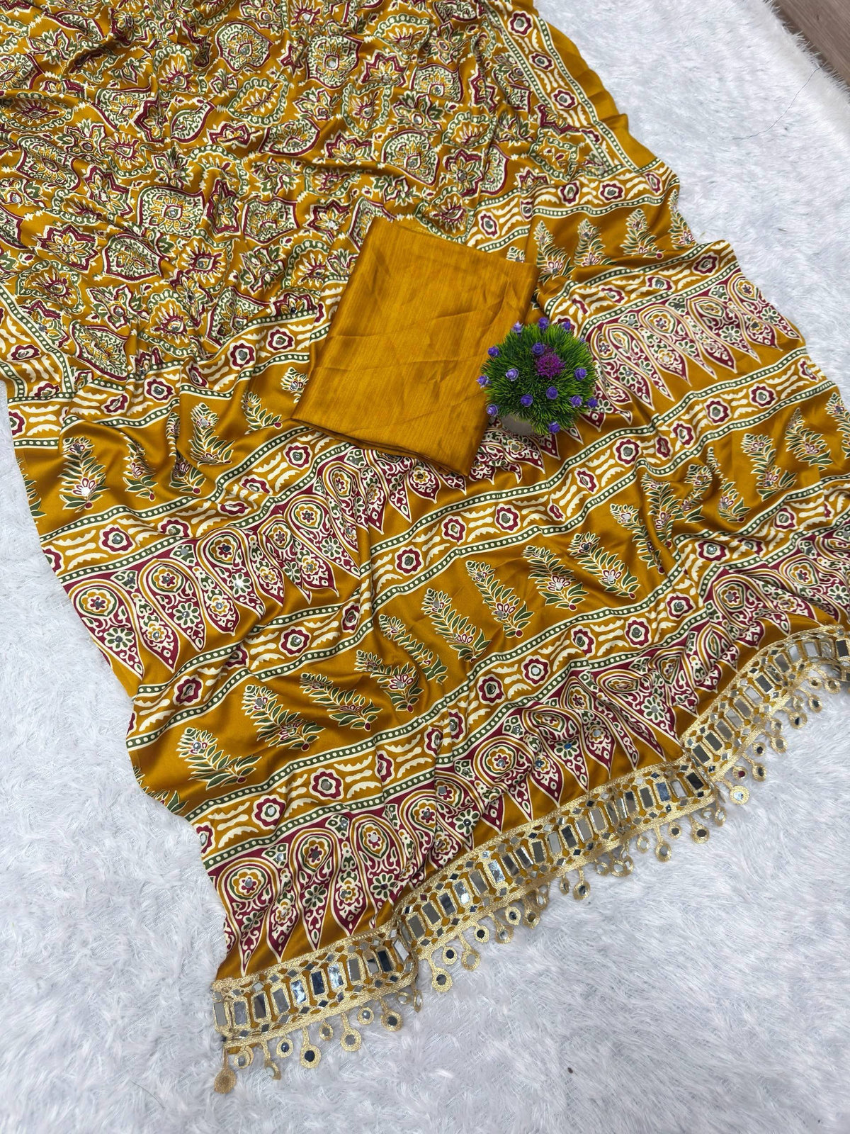 Super Hit Ajrakh Saree | Pure Ajrakh Satin Viscose Silk with Designer Print, Real Mirror Work & Designer Blouse